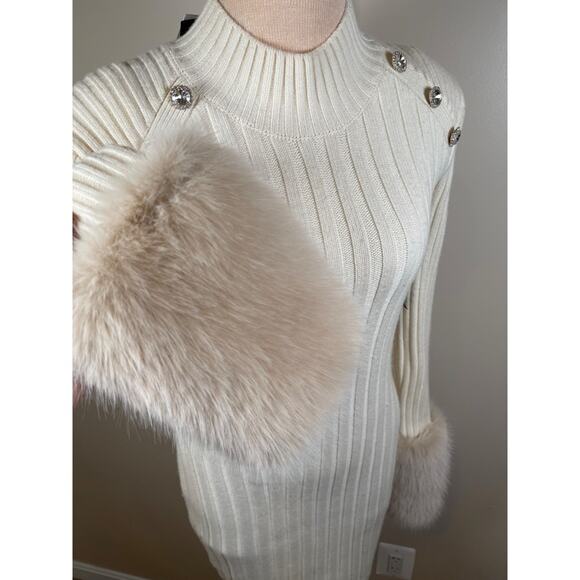 Retrofete Jane Long Sleeve Wool Cashmere Faux Fur White Mini Dress Size Medium - Picture 6 of 9